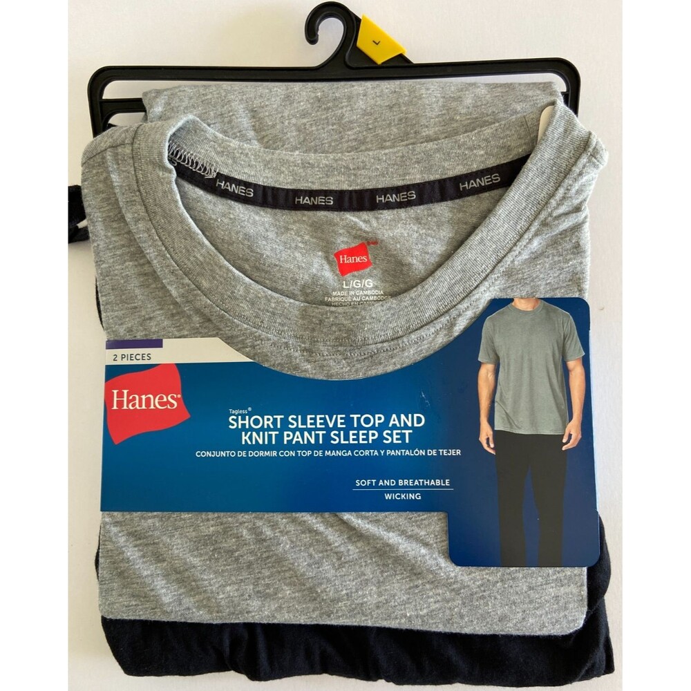Hanes Mens Short Sleeve Top and Knit Pant Sleep Set Large Grey Black New